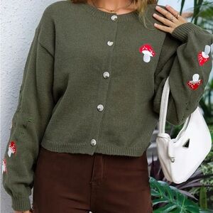 Olive Green Mushroom Embroidered Sweater